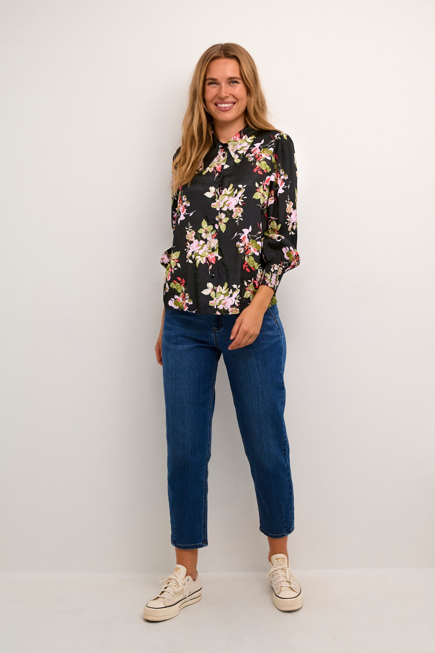 KAFFE LORELEI Black Floral 3/4 Sleeve Button Down Blouse