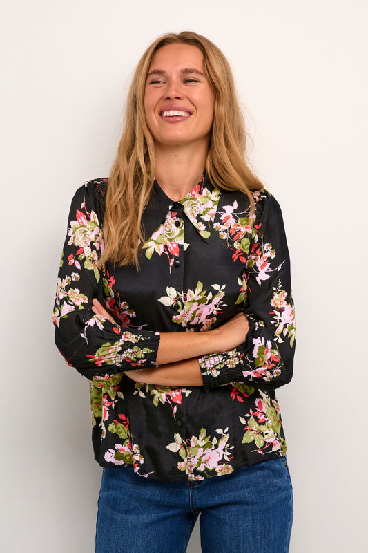 KAFFE LORELEI Black Floral 3/4 Sleeve Button Down Blouse