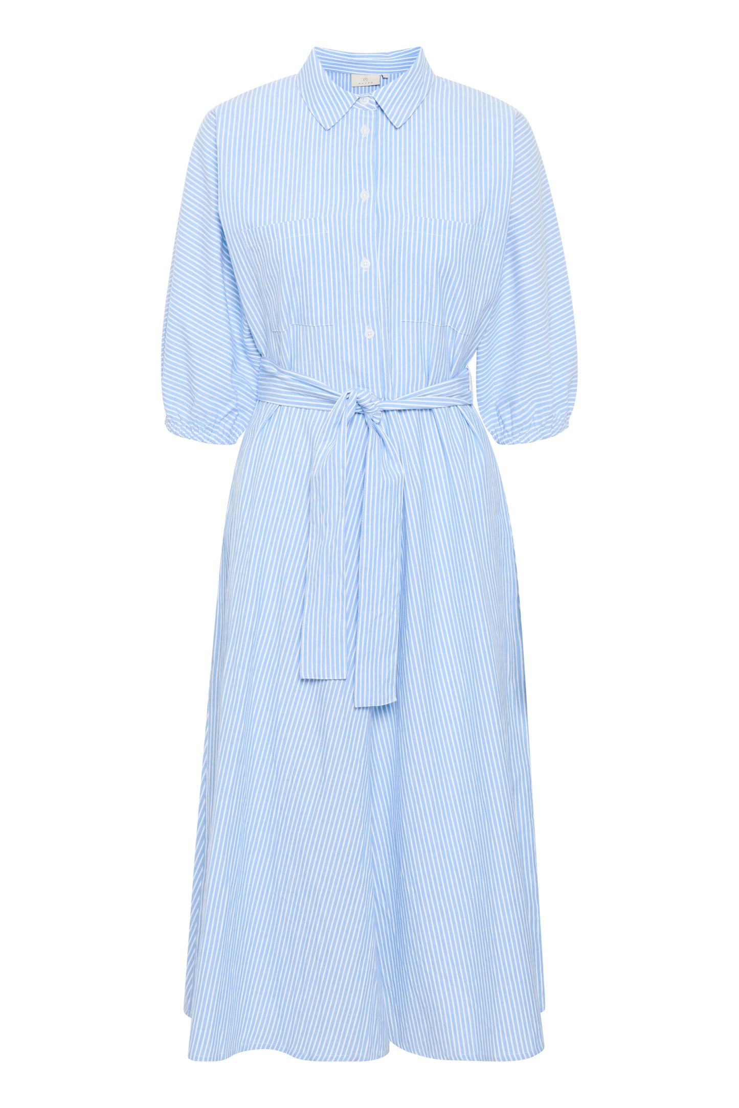 KAFFE Debra Powder Blue & White Pinstriped Belted Dress