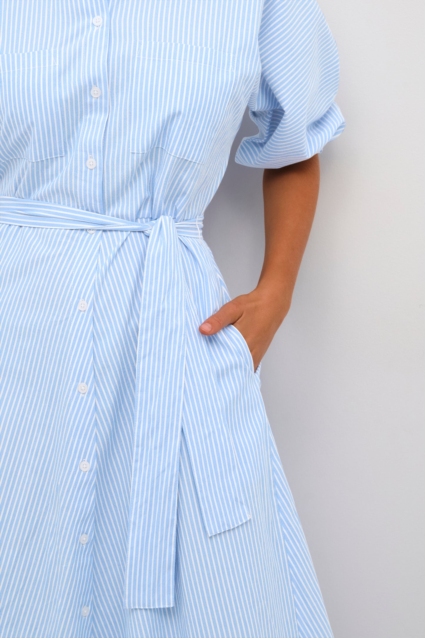 KAFFE Debra Powder Blue & White Pinstriped Belted Dress