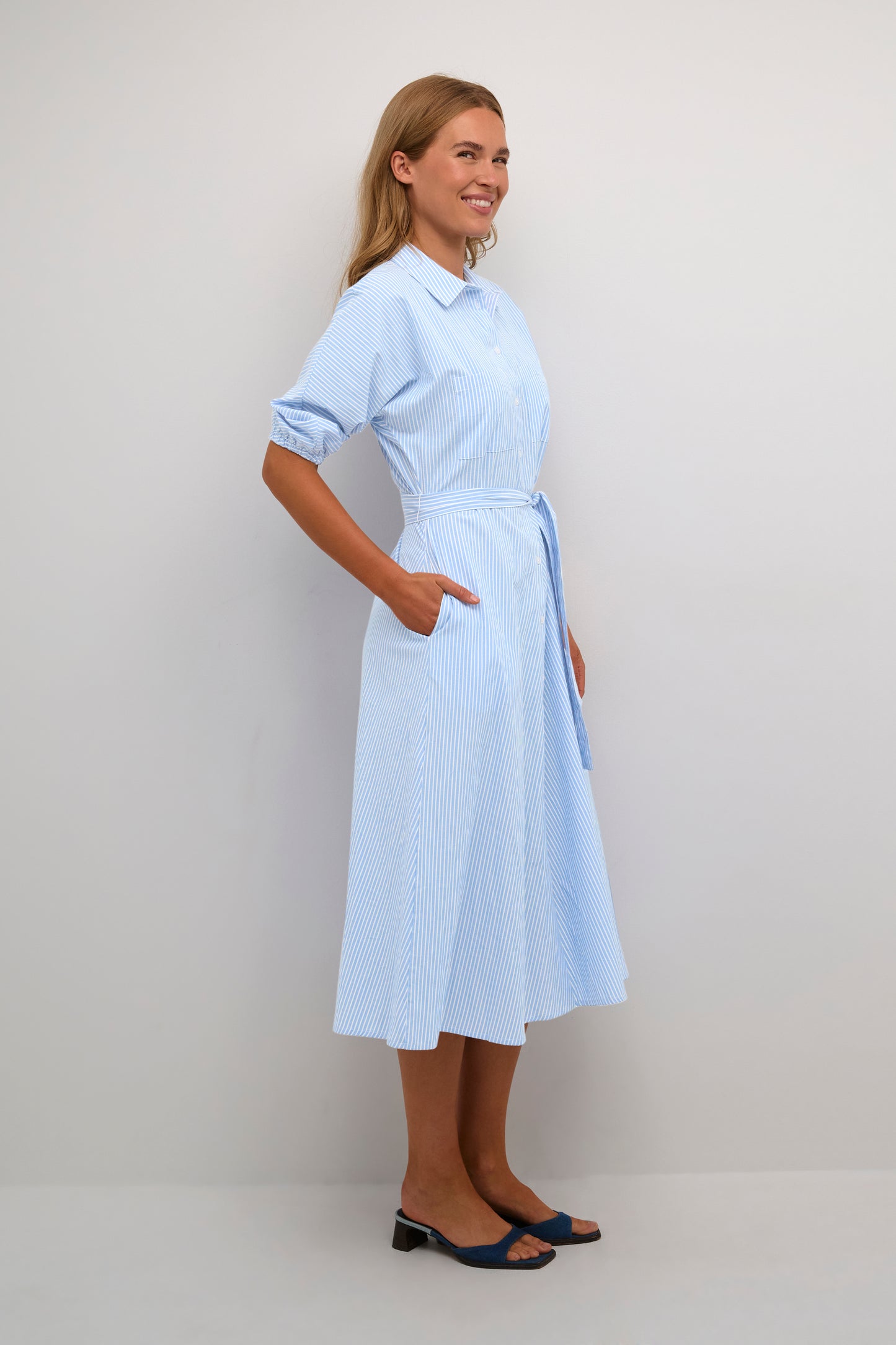 KAFFE Debra Powder Blue & White Pinstriped Belted Dress