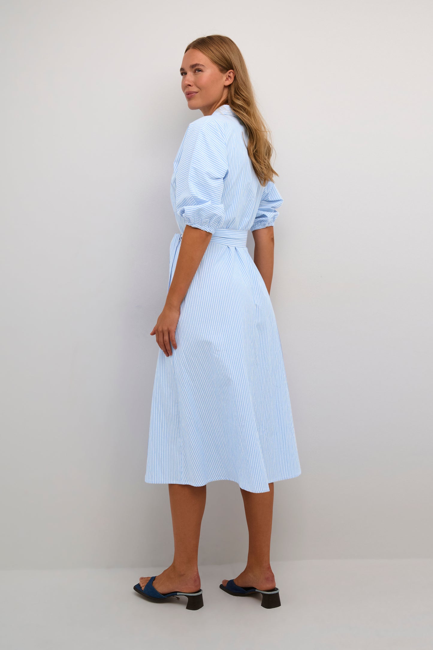 KAFFE Debra Powder Blue & White Pinstriped Belted Dress