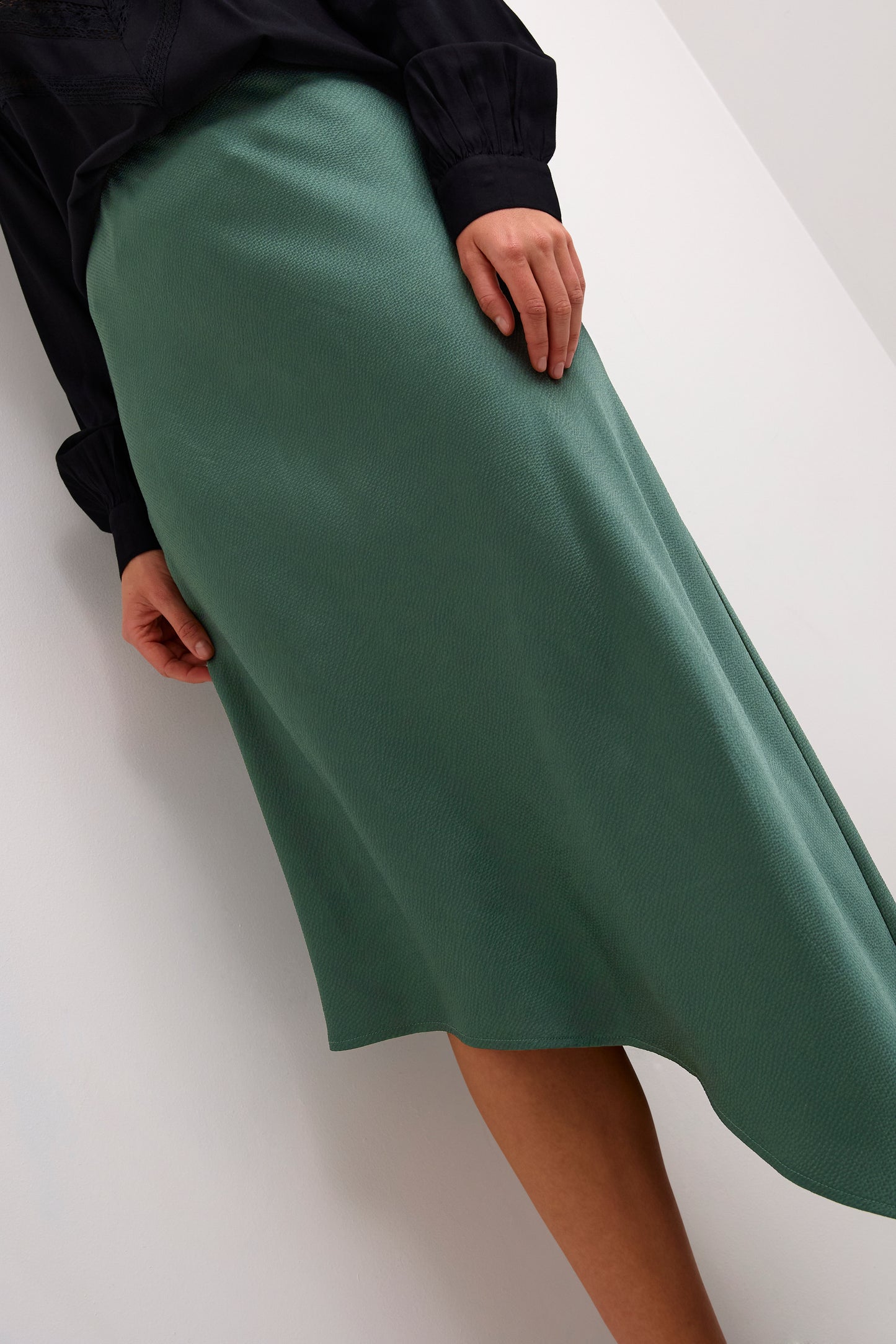 KAFFE Charlize Emerald Green Satin Asymmetrical Skirt