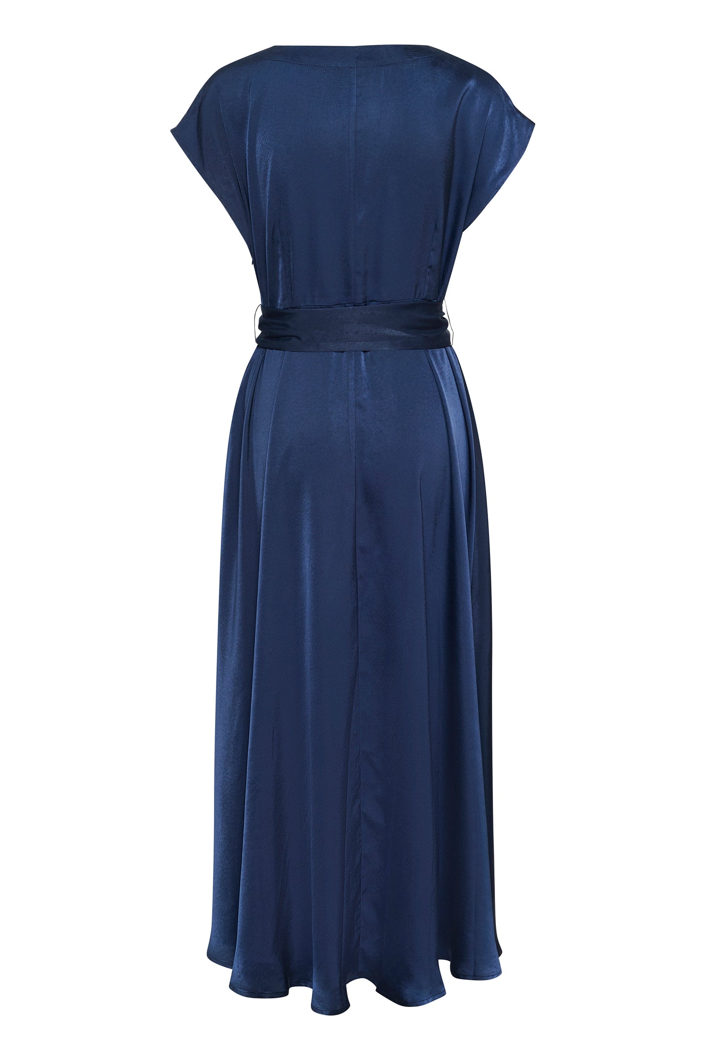 CREAM ELORA Satin Wrap Dress – Navy Blue Belted Maxi Dress