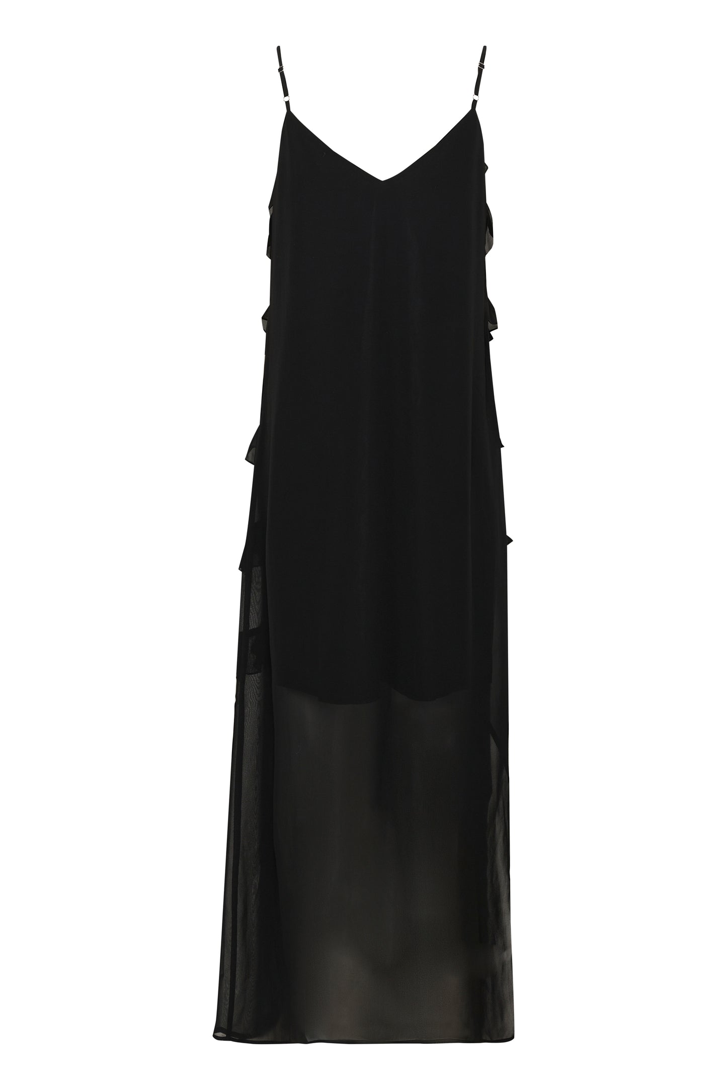CREAM RACHEL Black Ruffle Maxi Dress – Sheer Layered Strap Dress