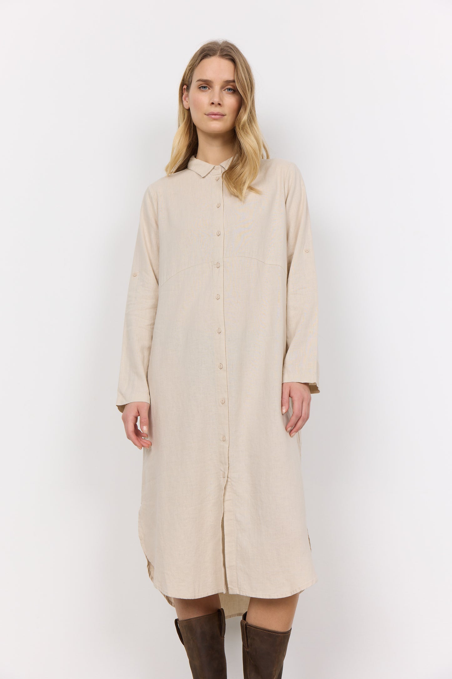 SOYA CONCEPT INA 8 Sand Linen Blend Button Down Dress