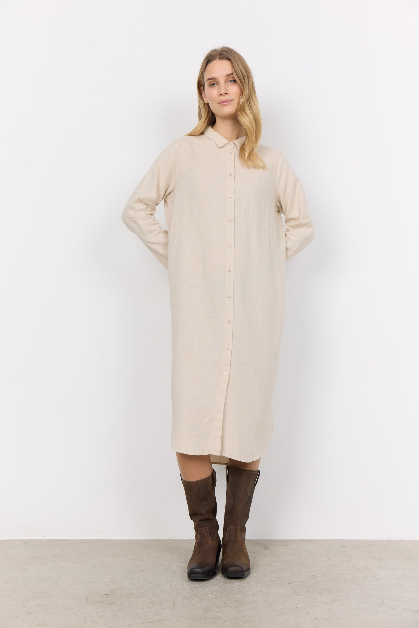 SOYA CONCEPT INA 8 Sand Linen Blend Button Down Dress