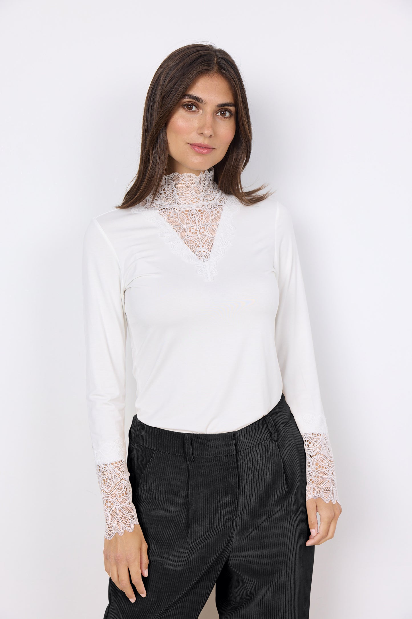 SOYA CONCEPT Marica 20 Off White V Neck Lace Longsleeve Top