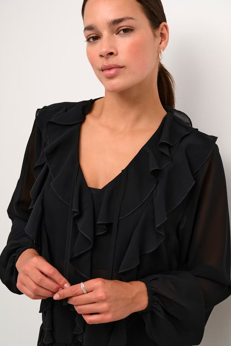 KAFFE NINNA Black Sheer Romantic Ruffle Blouse