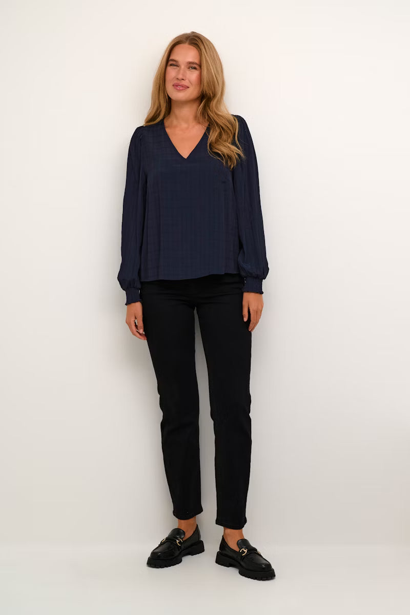 KAFFE LISSA Navy Midnight Marine V Neck Blouse