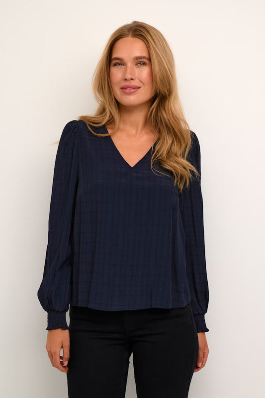 KAFFE LISSA Navy Midnight Marine V Neck Blouse