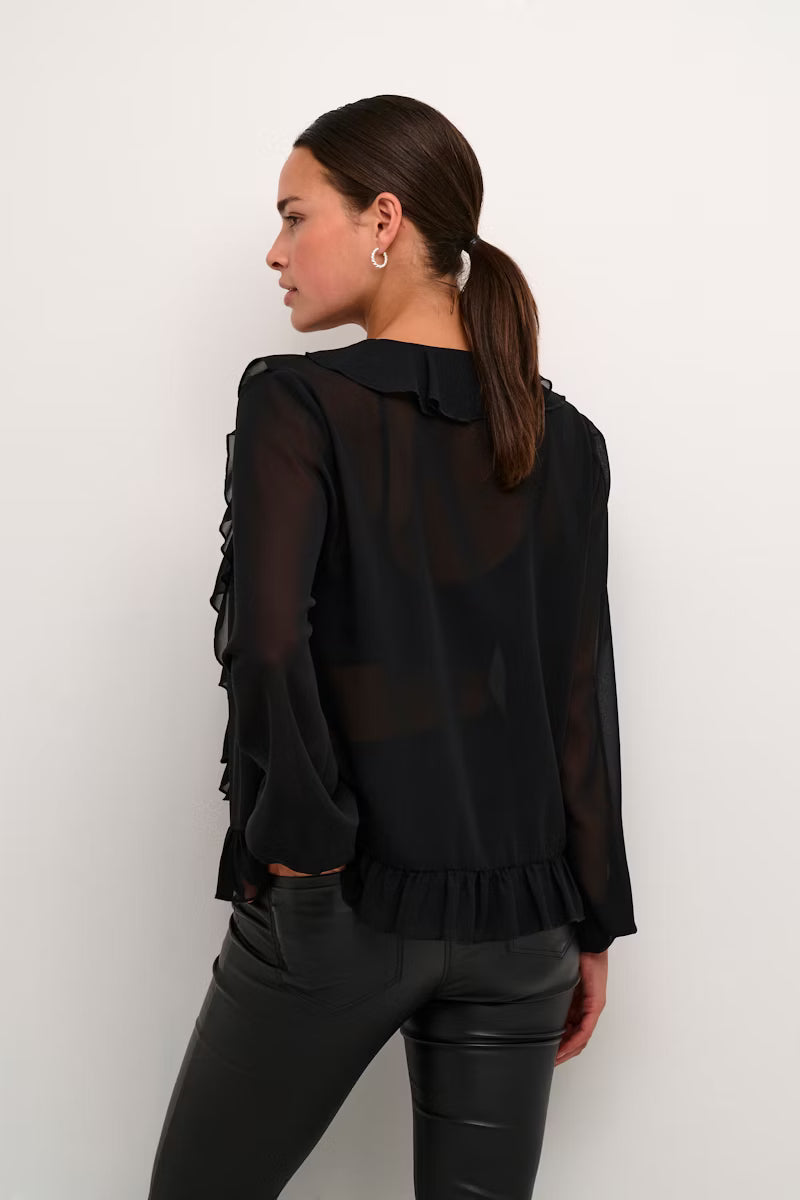 KAFFE NINNA Black Sheer Romantic Ruffle Blouse
