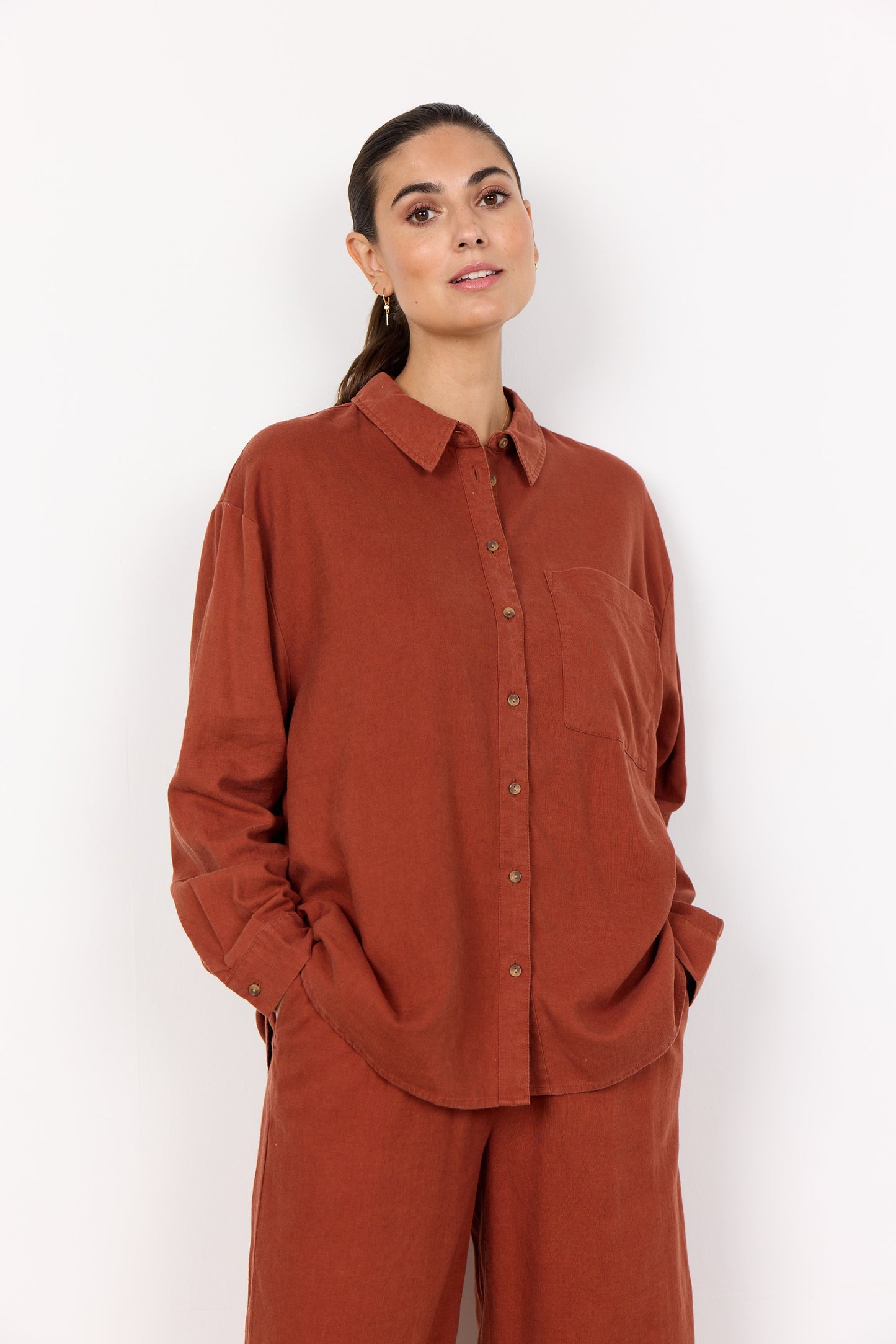 SOYA CONCEPT INA Rust Linen Blend Button Down Blouse