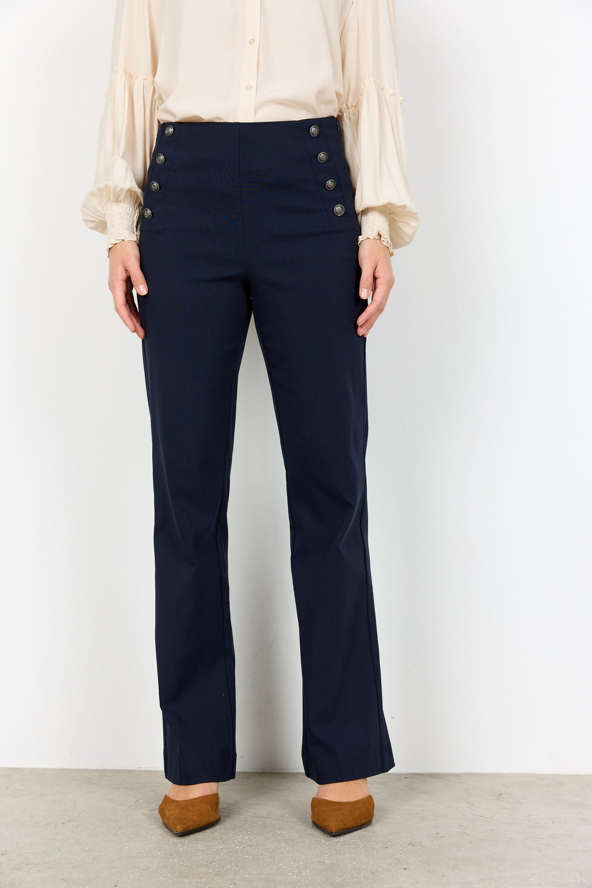 SOYA CONCEPT Lilly Navy Tailored Pants – Straight Leg Button Detail Trousers