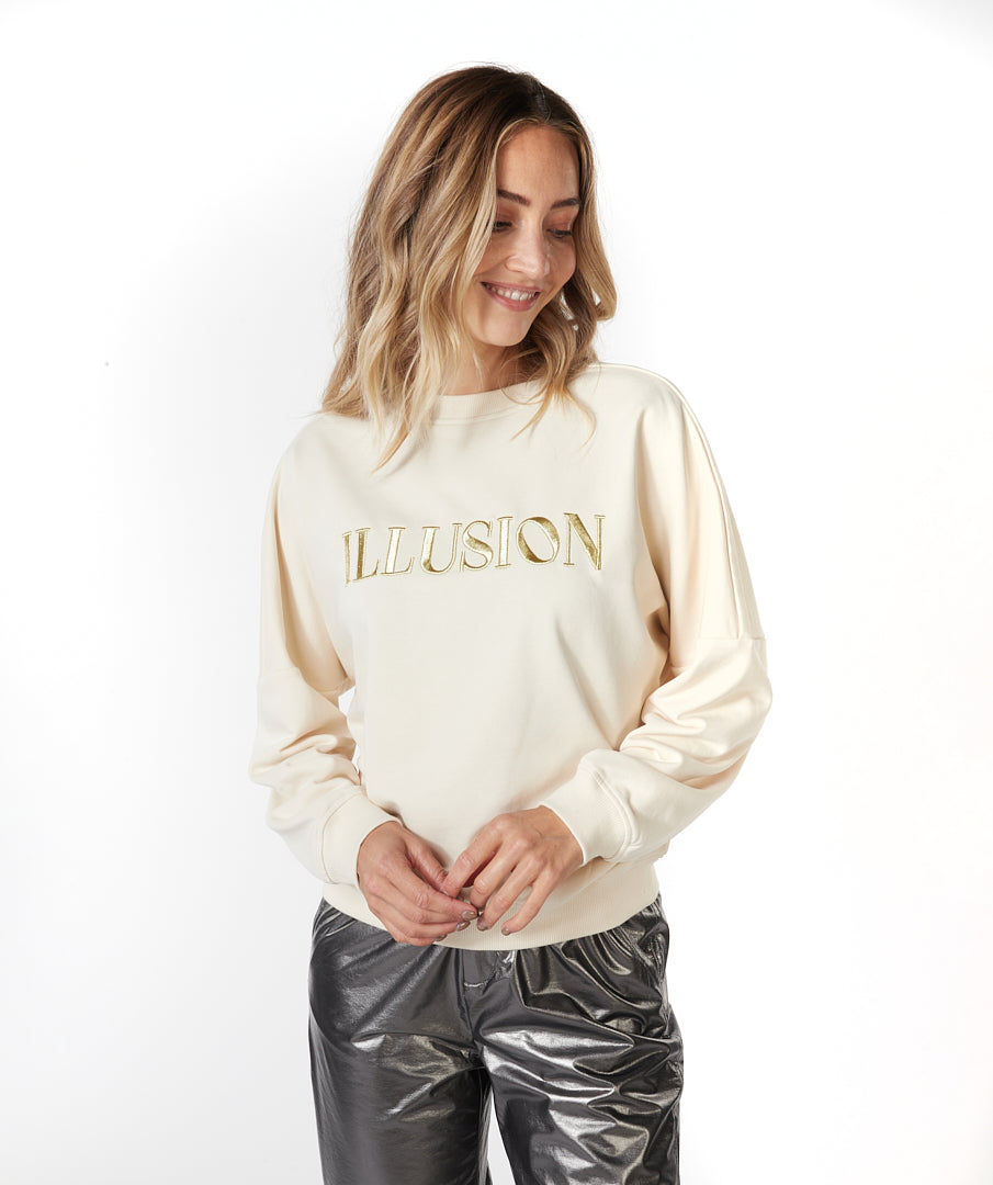 ESQUALO ILLUSION Embroidered Beige & Gold Crewneck Sweater