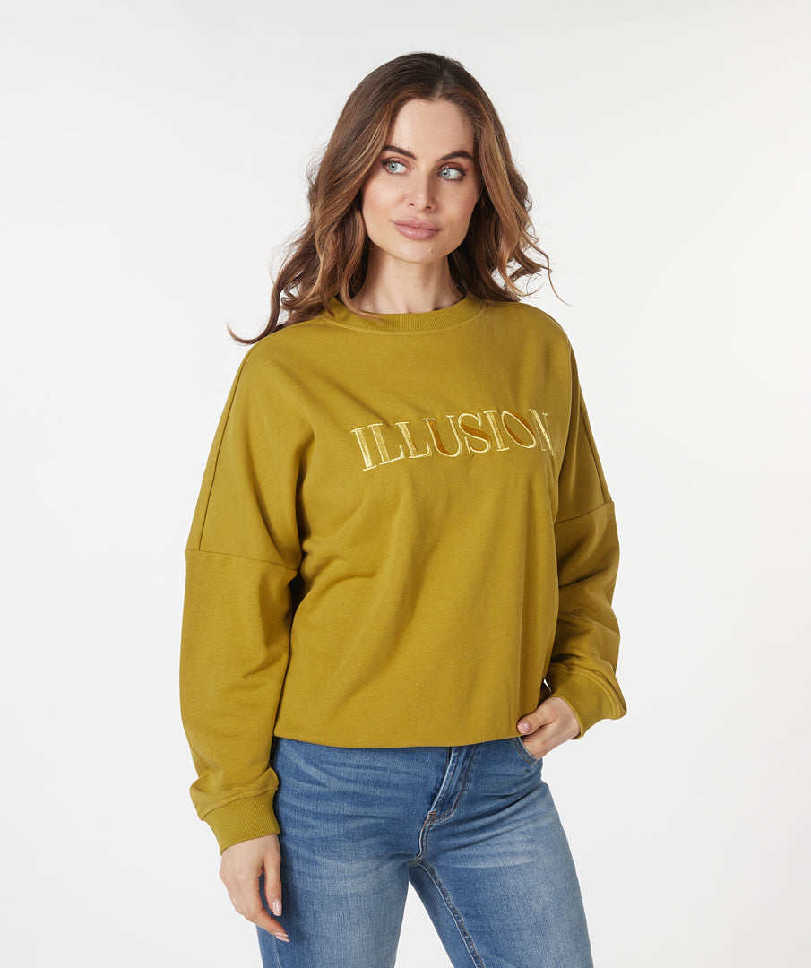 ESQUALO ILLUSION Olive & Gold Embroidered Crewneck Sweater