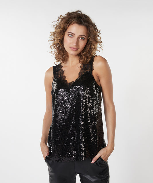 ESQUALO Black Sequin & Lace Top