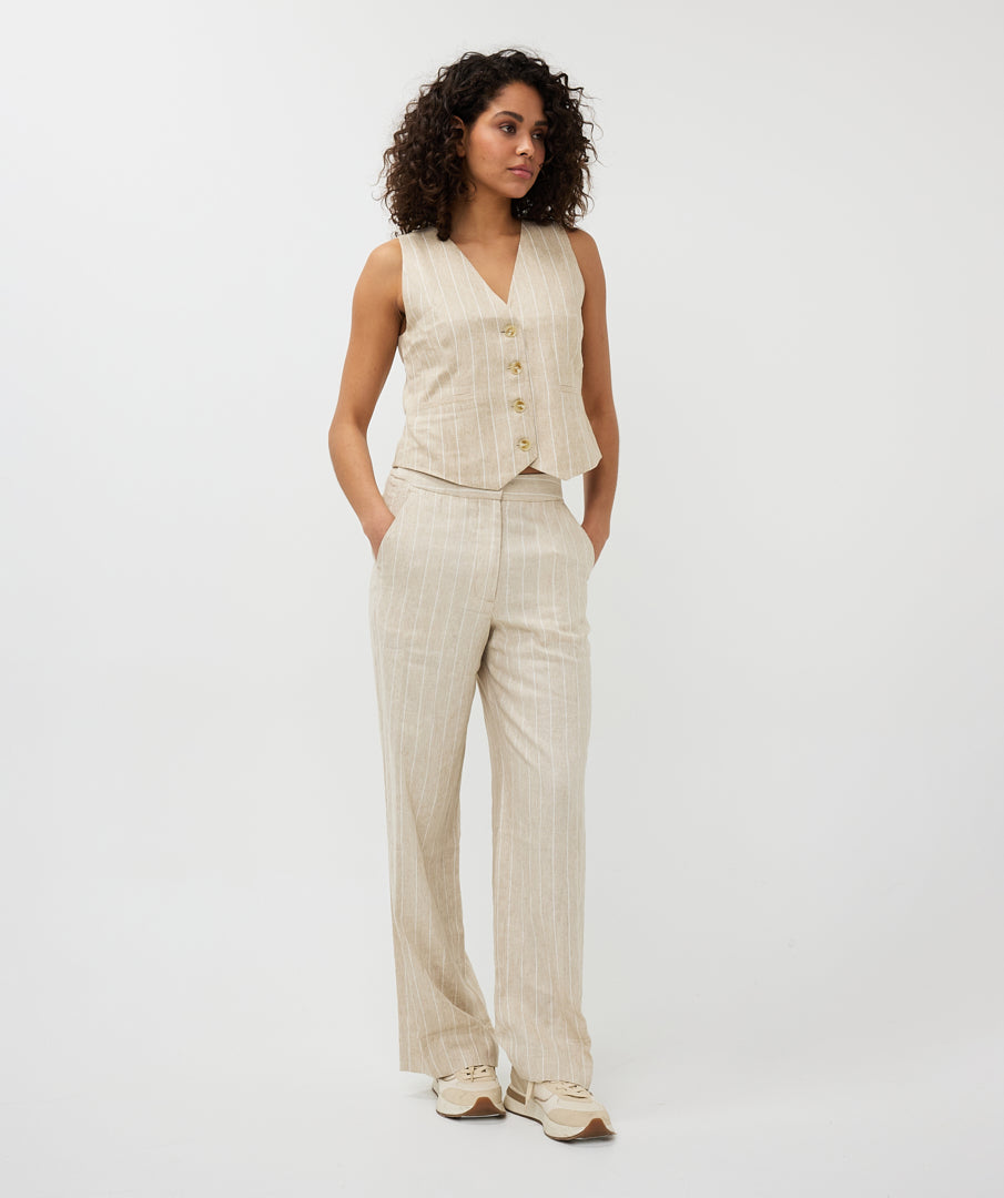 ESQUALO Sand White Striped Linen Blend Trousers