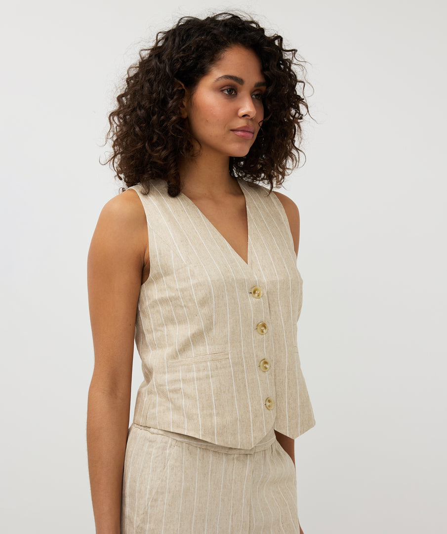 Gilet sans manches ESQUALO en mélange de lin rayé blanc sable