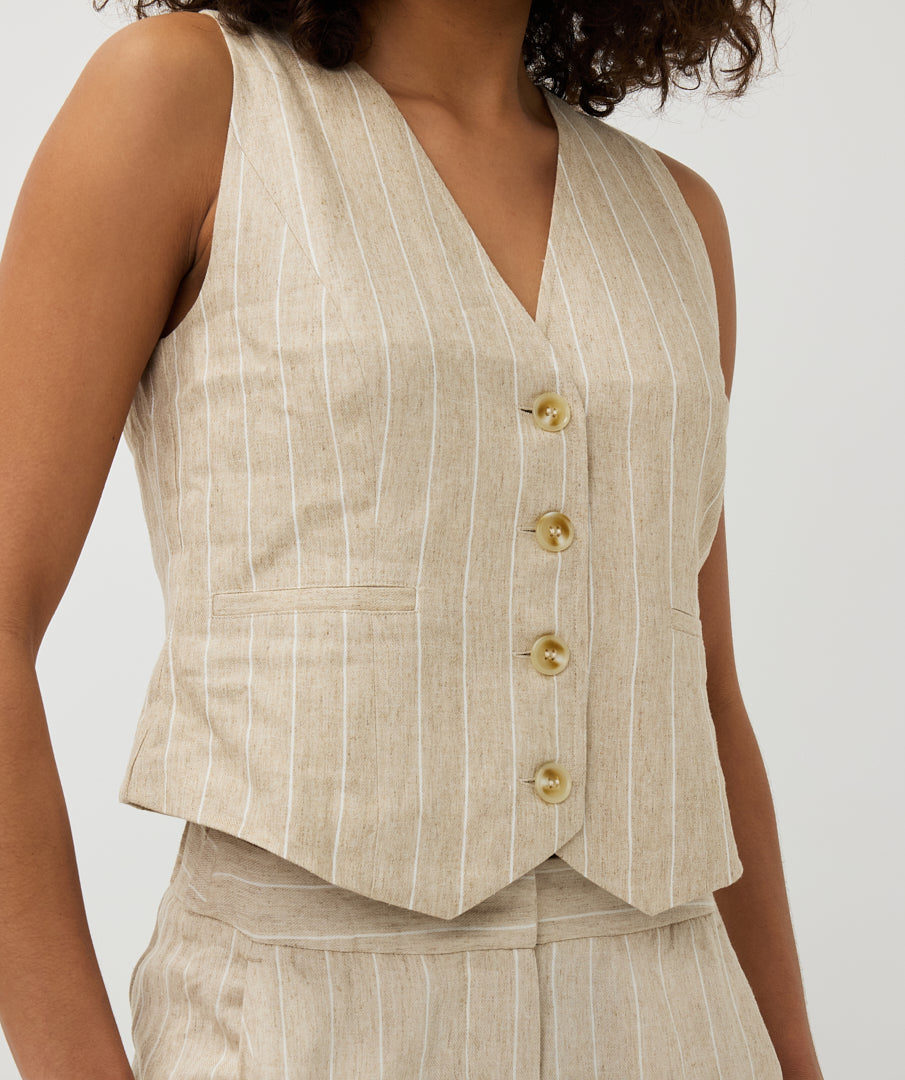 Gilet sans manches ESQUALO en mélange de lin rayé blanc sable