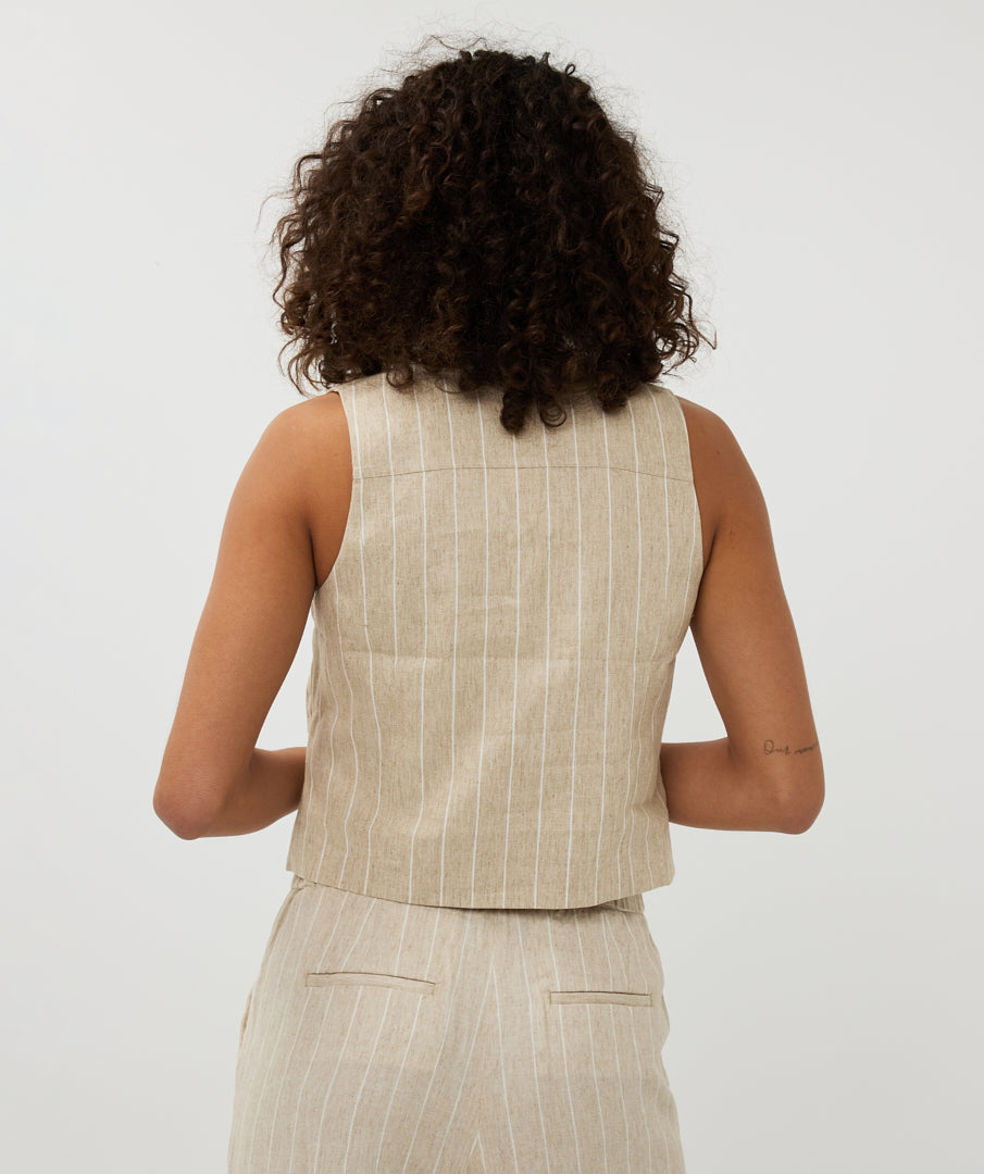 Gilet sans manches ESQUALO en mélange de lin rayé blanc sable