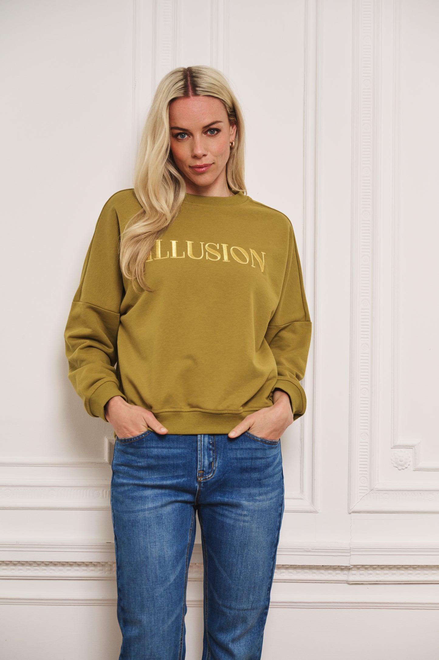 ESQUALO ILLUSION Olive & Gold Embroidered Crewneck Sweater