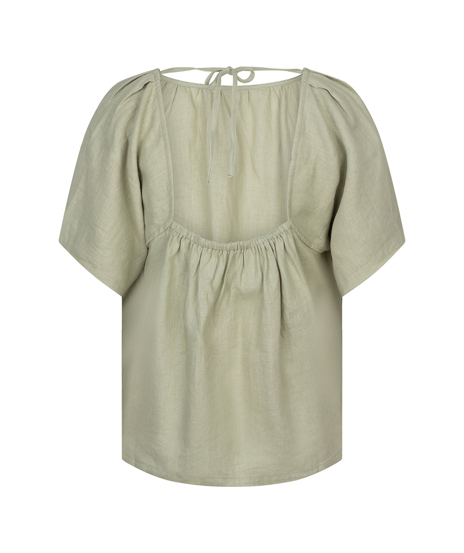 ESQUALO ADALINE Sage 100% Linen Blouse – Lightweight Flutter Sleeve Top