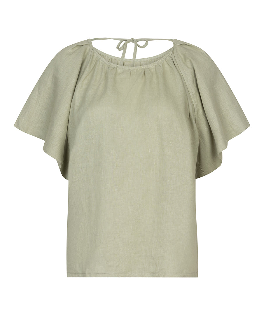 ESQUALO ADALINE Sage 100% Linen Blouse – Lightweight Flutter Sleeve Top