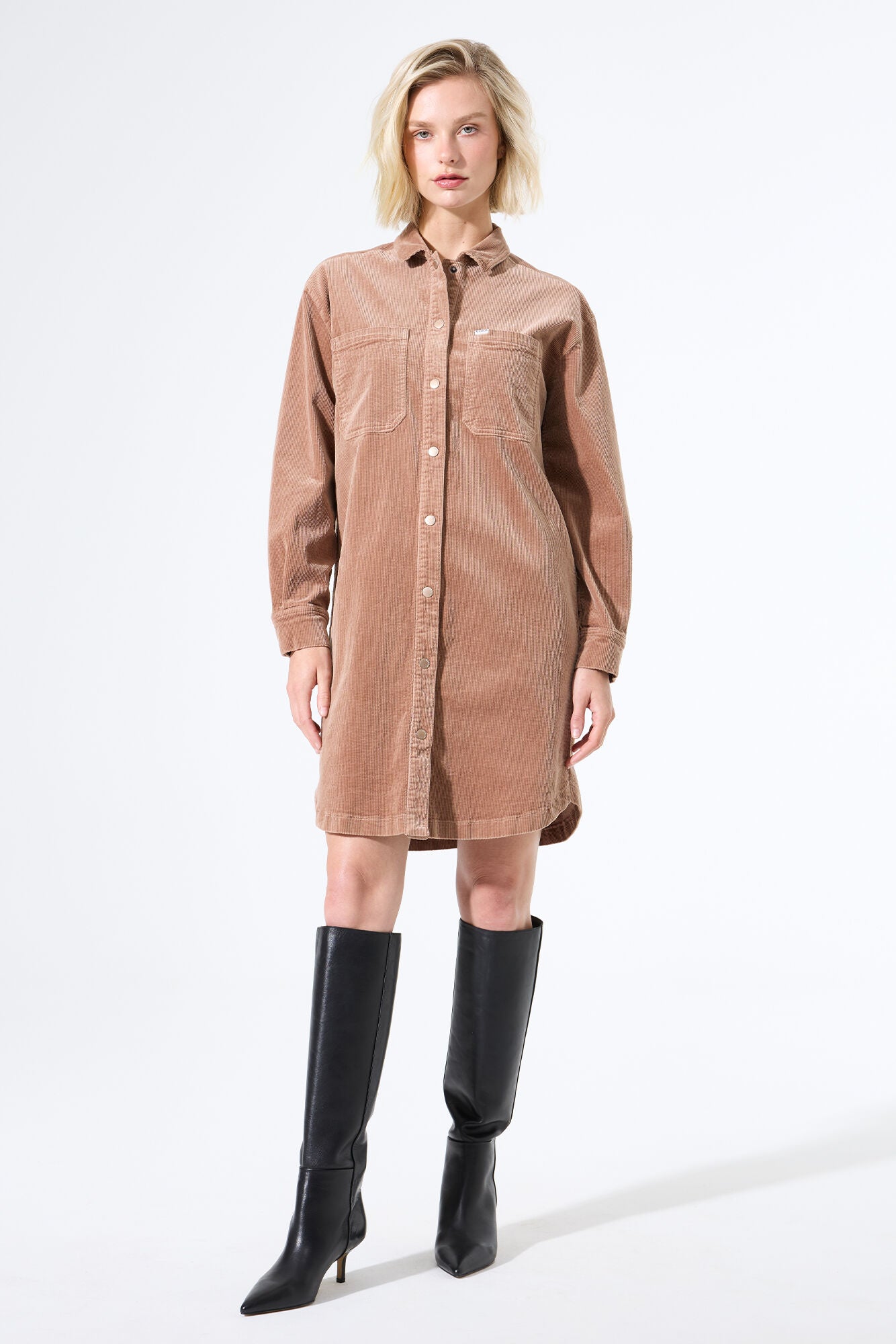 GARCIA TEDDY Tan Corduroy Belted Button Dress