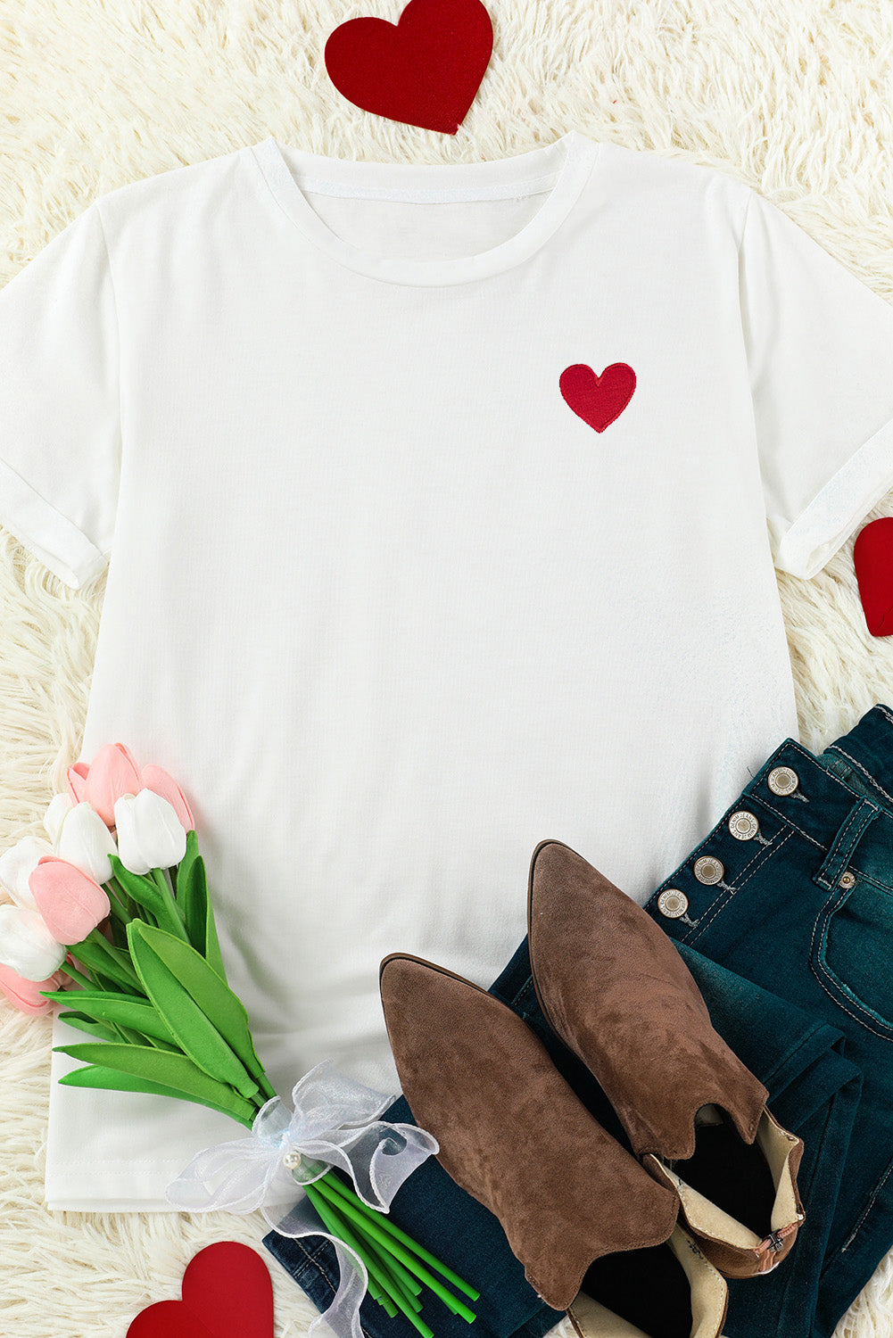 KASSY White T Shirt Red Embroidered Heart