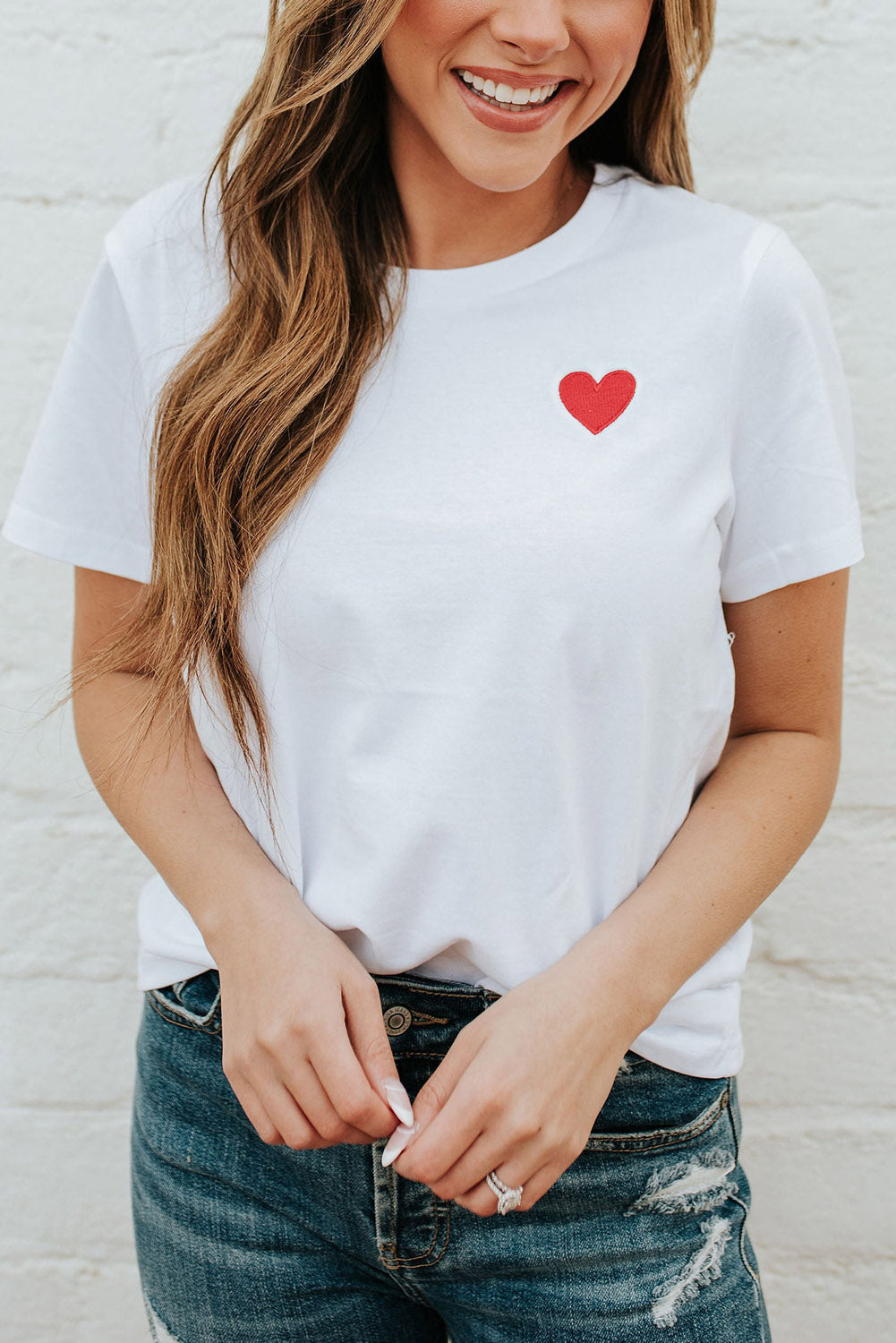 KASSY White T Shirt Red Embroidered Heart