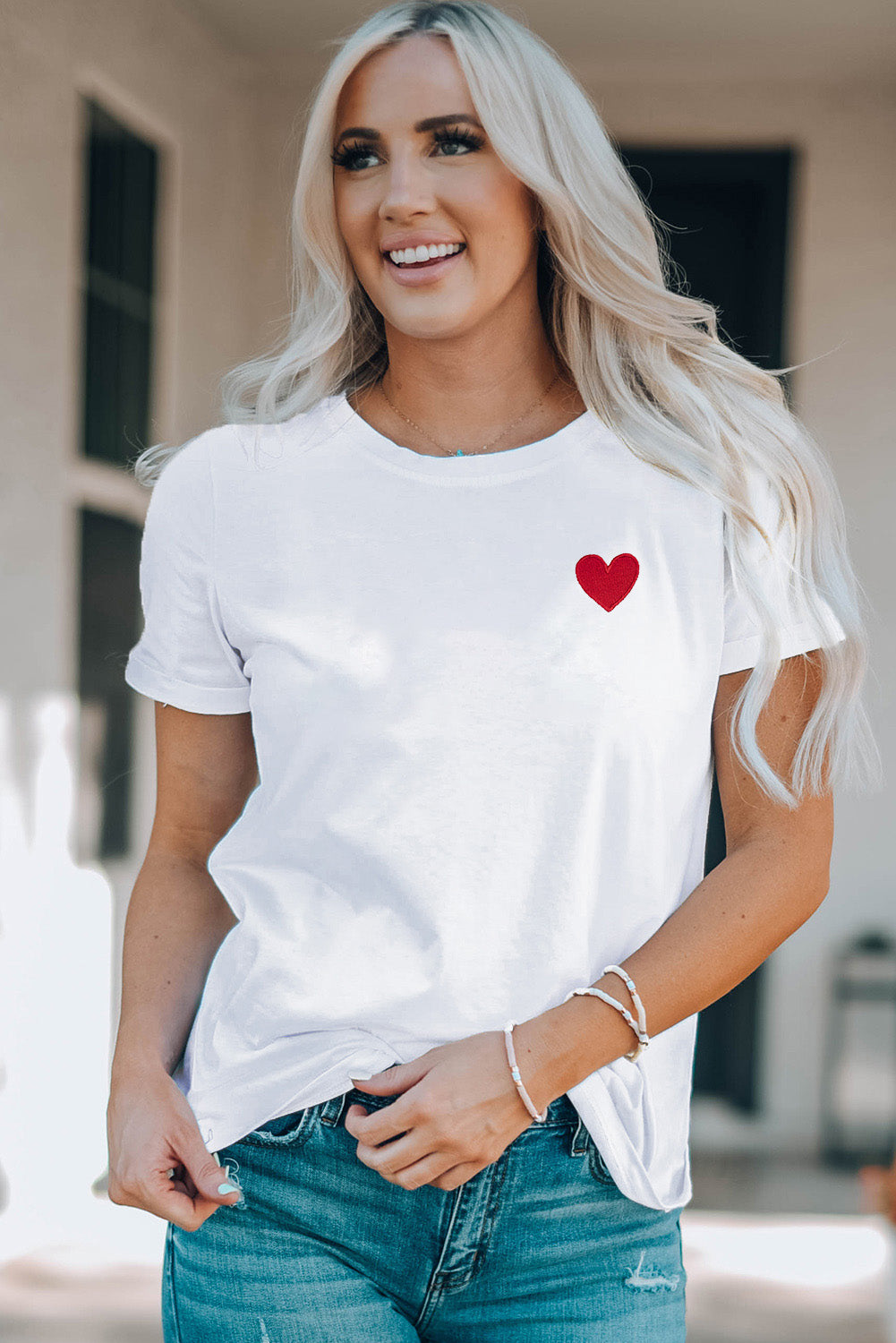 KASSY White T Shirt Red Embroidered Heart