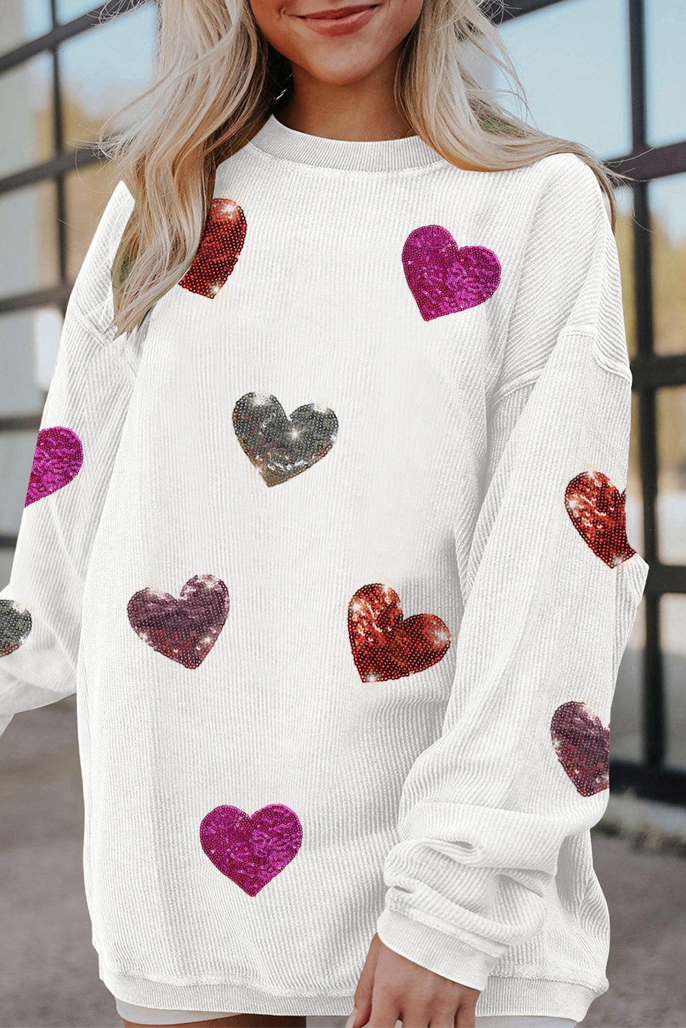 LOLA WHITE MULTICOLOR SEQUIN HEART RIBBED CREWNECK SWEATER