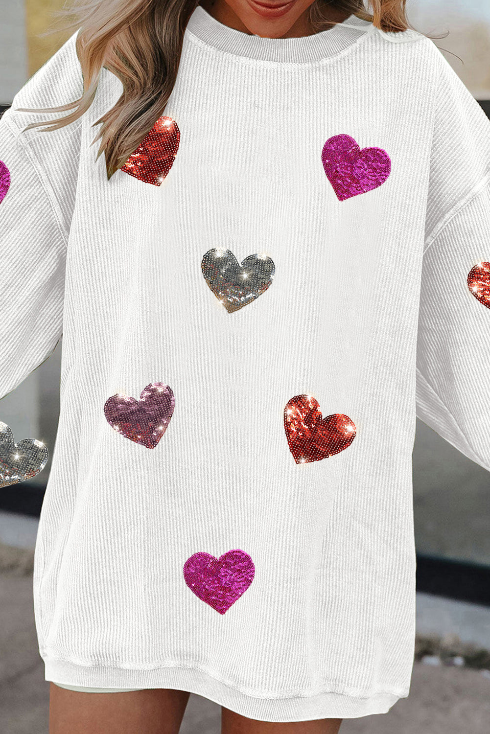 LOLA WHITE MULTICOLOR SEQUIN HEART RIBBED CREWNECK SWEATER