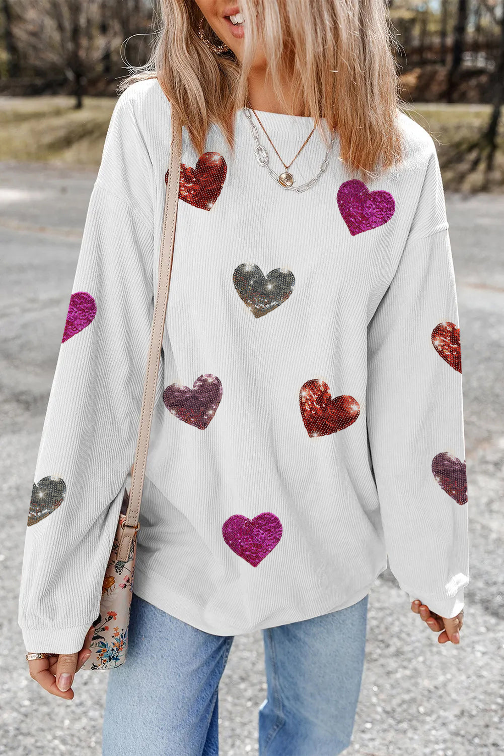 LOLA WHITE MULTICOLOR SEQUIN HEART RIBBED CREWNECK SWEATER