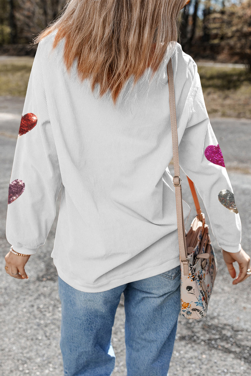 LOLA WHITE MULTICOLOR SEQUIN HEART RIBBED CREWNECK SWEATER