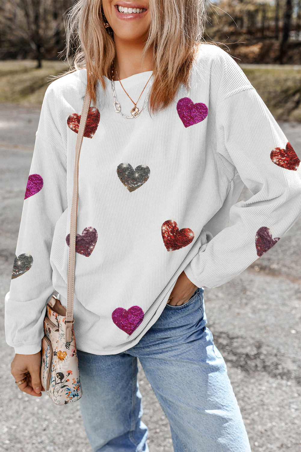 LOLA WHITE MULTICOLOR SEQUIN HEART RIBBED CREWNECK SWEATER