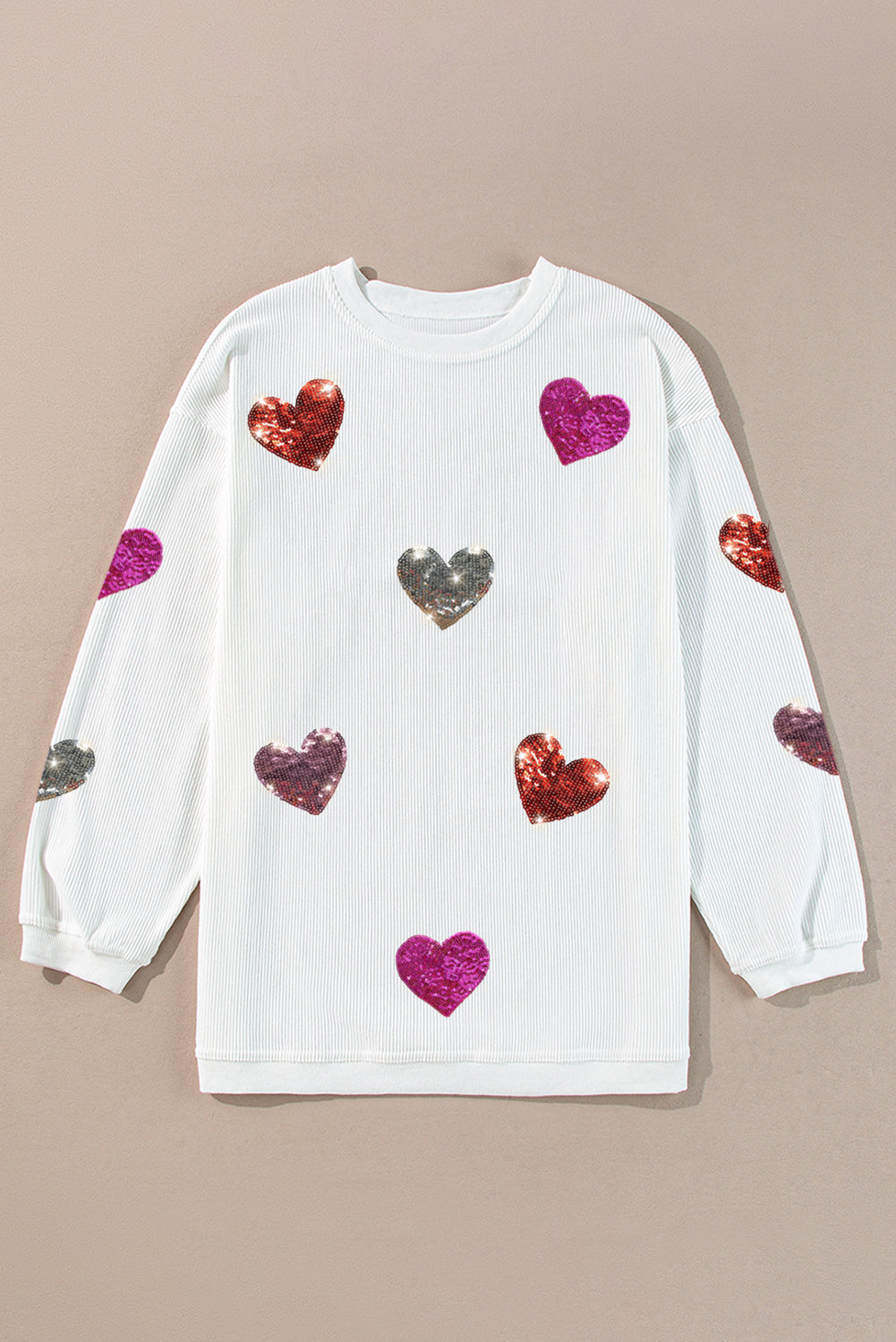 LOLA WHITE MULTICOLOR SEQUIN HEART RIBBED CREWNECK SWEATER