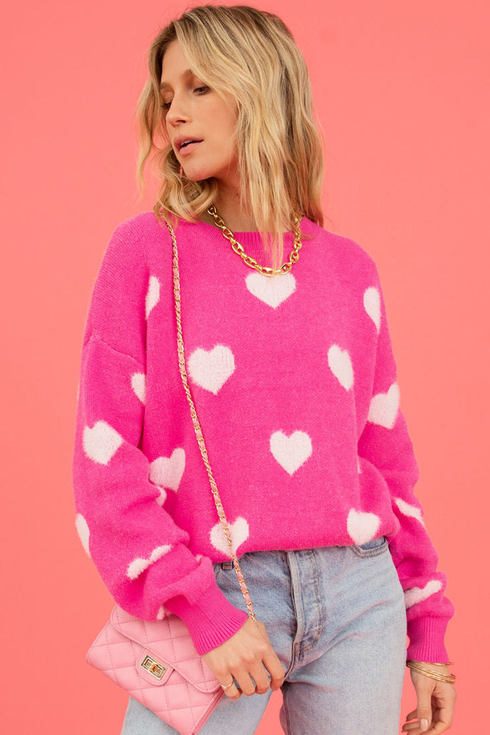 CANDY Pink & White Heart Pink Pullover Sweater Knit