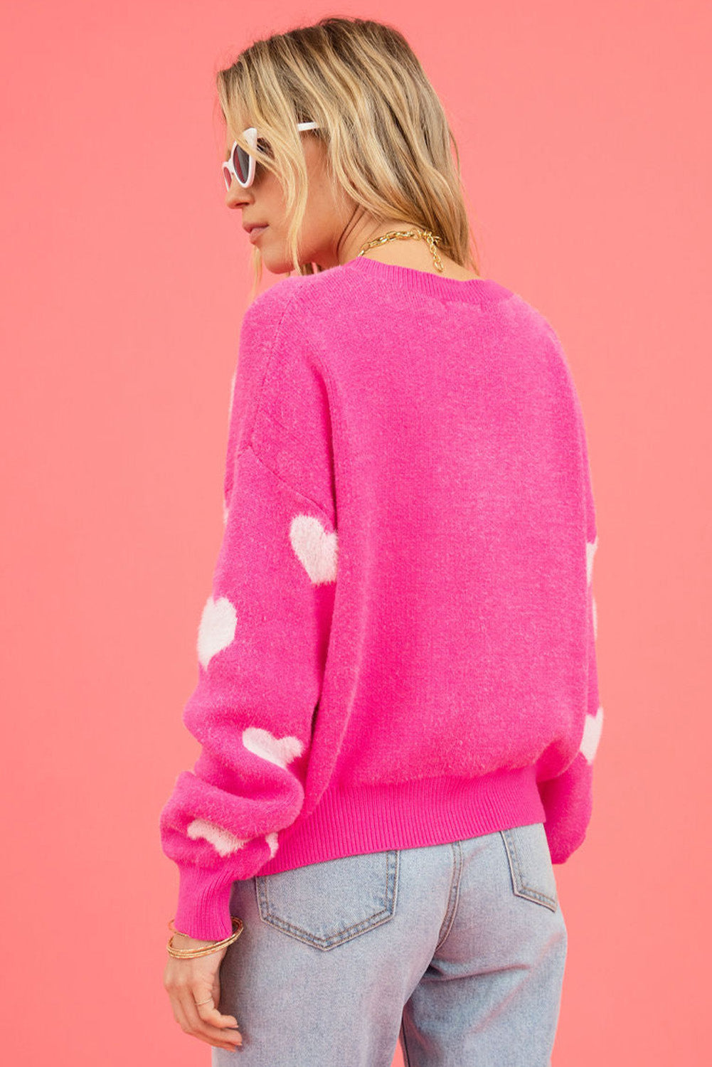 CANDY Pink & White Heart Pink Pullover Sweater Knit