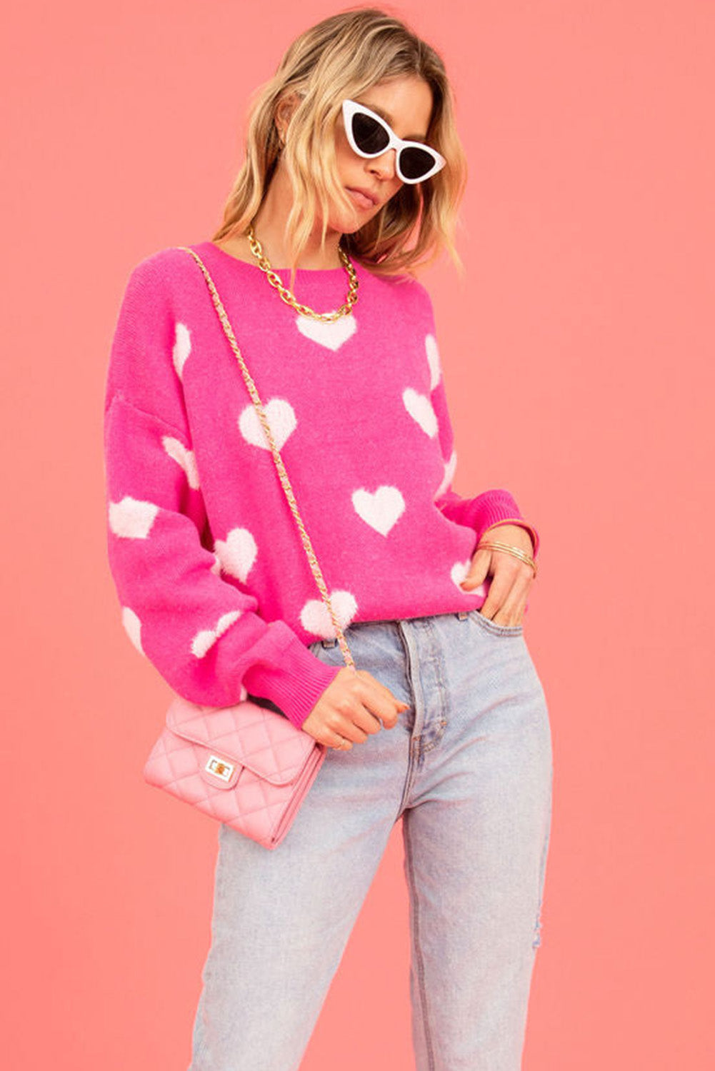 CANDY Pink & White Heart Pink Pullover Sweater Knit