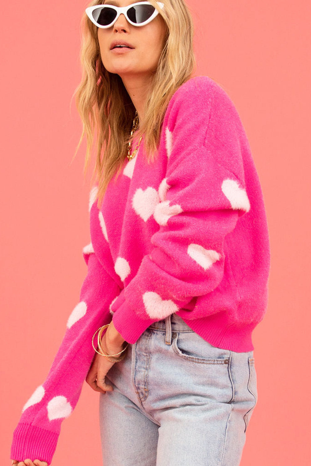 CANDY Pink & White Heart Pink Pullover Sweater Knit