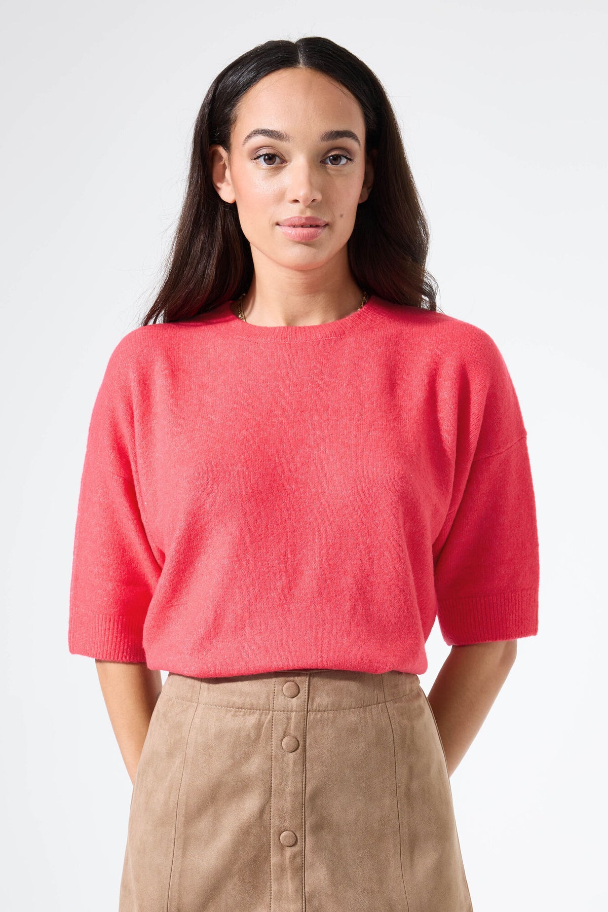 Pull en tricot à manches courtes rose corail GARCIA MELROSE