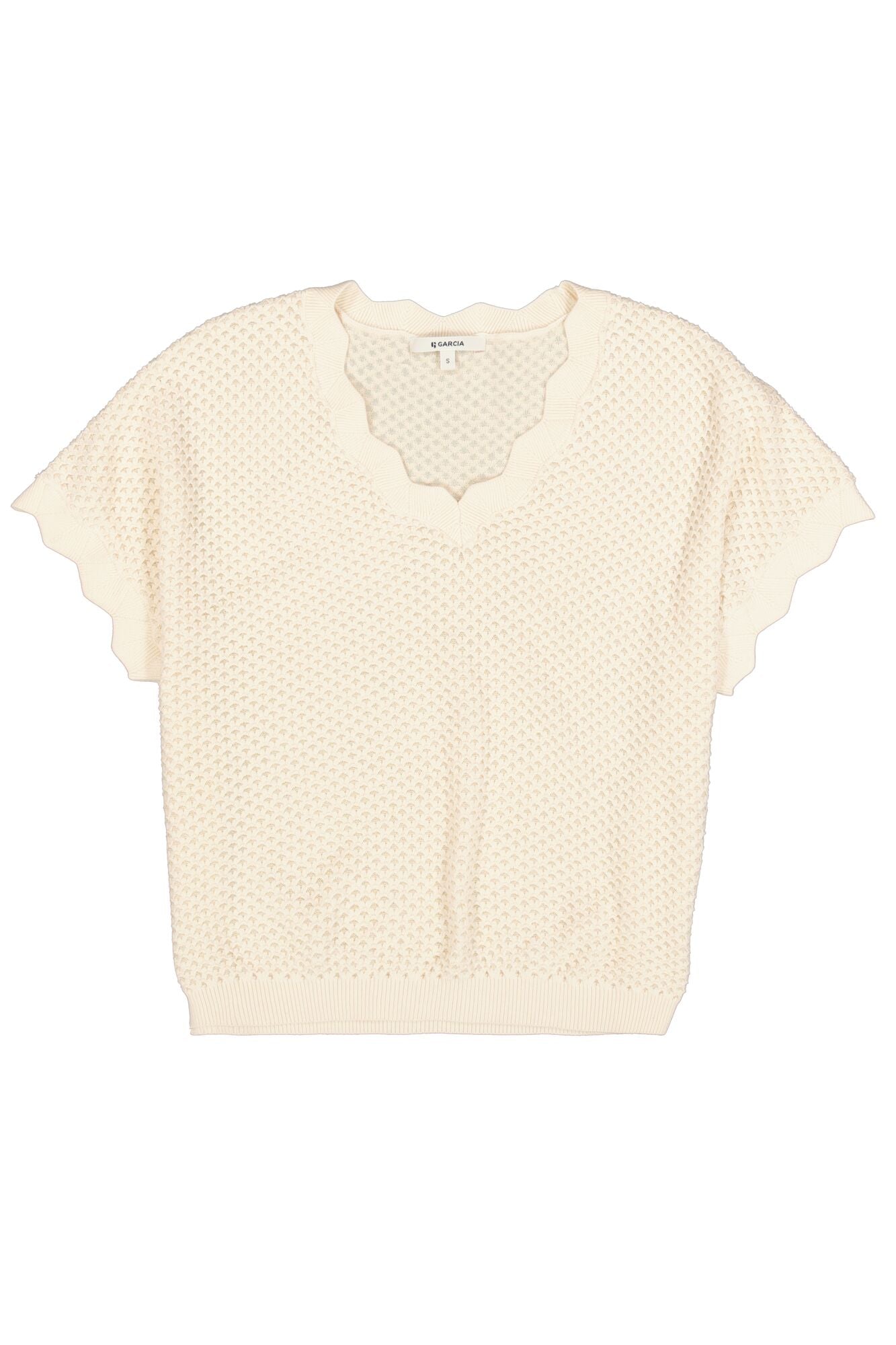 GARCIA NORA Cream Textured V-Neck Knit Top | Lightweight Short Sleeve Sweater