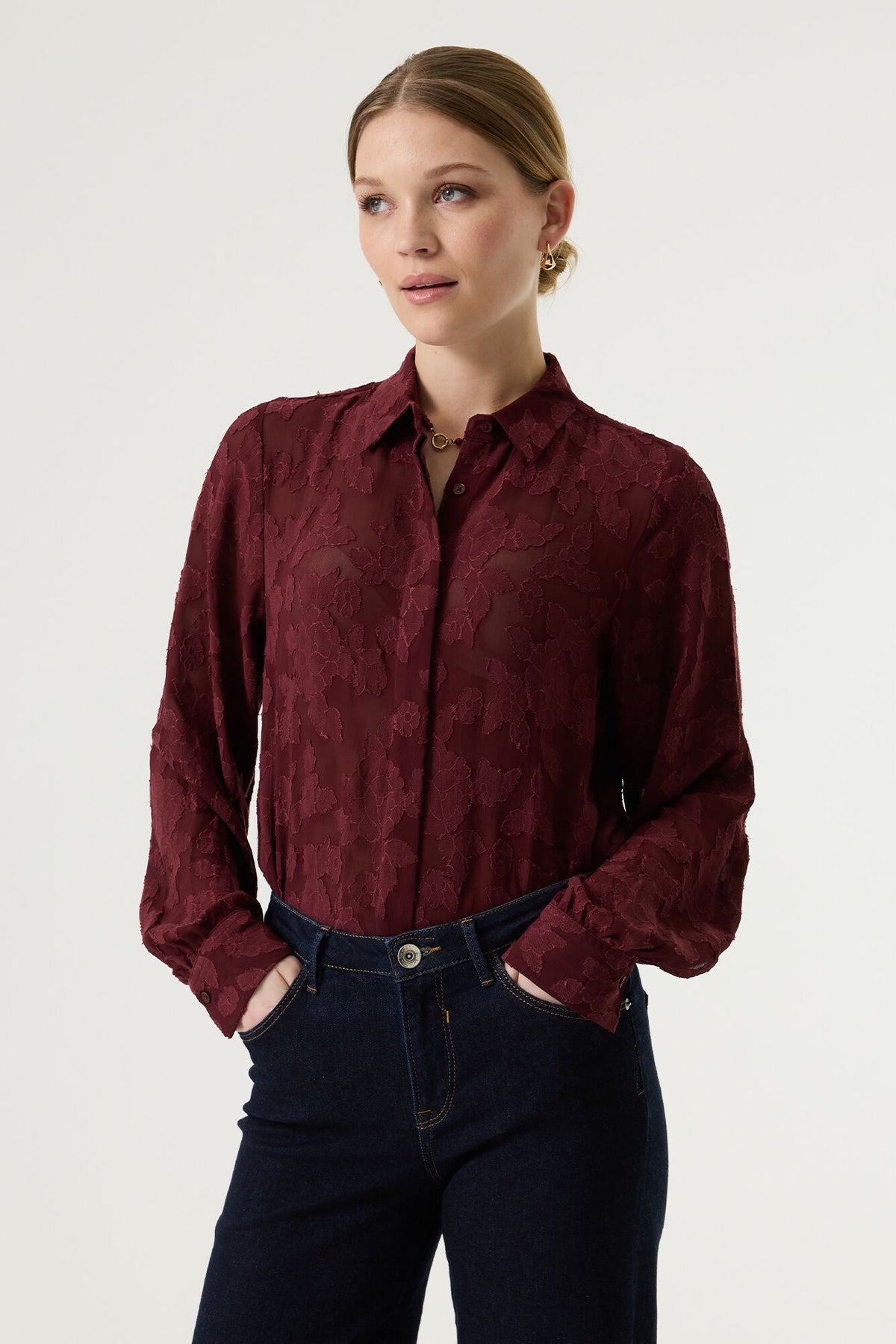 GARCIA LEIGHTON Bordeaux Burgundy Red Floral Jacquard Blouse