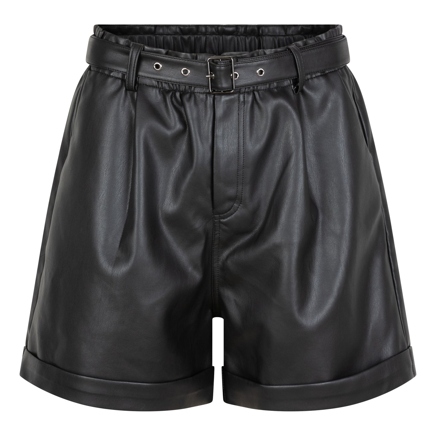 ESQUALO Faux Leather Black High-Waisted Belted Shorts