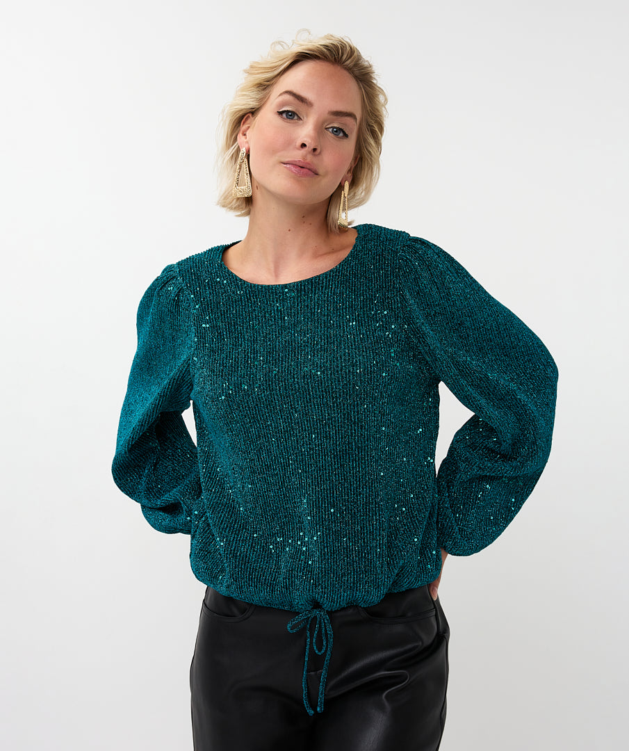 ESQUALO SAFIA Teal Lurex Sparkle Crinkle Blouse