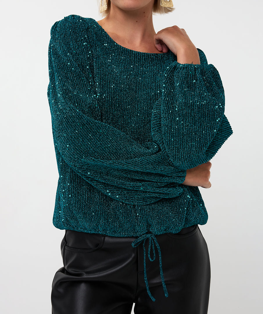 ESQUALO SAFIA Teal Lurex Sparkle Crinkle Blouse
