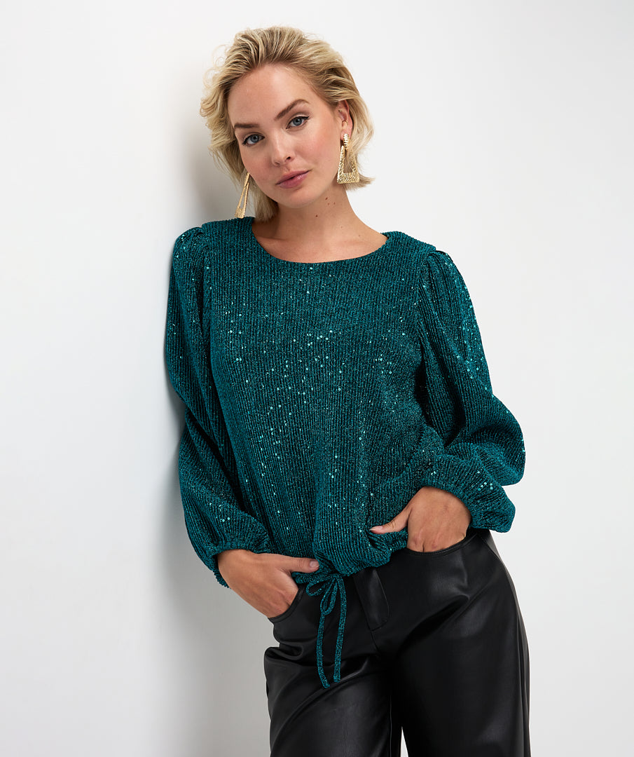 ESQUALO SAFIA Teal Lurex Sparkle Crinkle Blouse