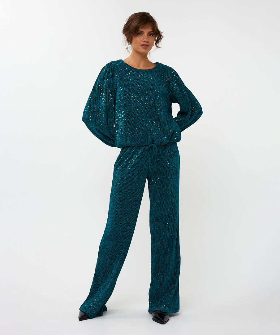 ESQUALO SAFIA Teal Lurex Sparkle Crinkle Blouse